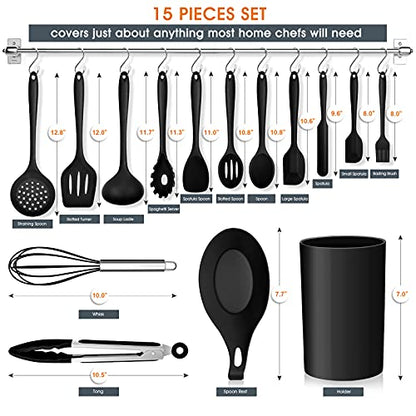 Kitchen Utensils Set, E-far 15-Piece Silicone Cooking Utensils with Holder, Non-stick Cookware Friendly & Heat Resistant, Includes Ladle Spatula Spoon Slotted Turner for Cooking & Baking (Black) - color: Black