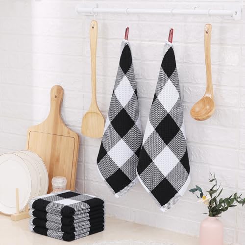 Homaxy 100% Cotton Check 6 Pack Dish Cloths, 12" x 12", White & Black | Waffle Weave, Plaid, Super Soft and Absorbent Dish Rags, Quick Drying, Multi-Purpose - color: White & Black, size: 12 x 12 - 6 Pack