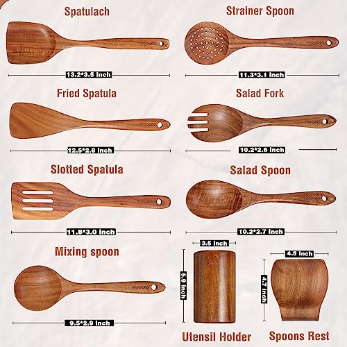 Mooues Wooden Kitchen Utensil Set, 9 Piece Natural Teak with Spoon Rest | Wooden Cooking Utensils with Comfort Grip, Smooth Durable Heat Resistant Cooking Spoons and Utensils Holder for Cooking - size: 9 PCS Set
