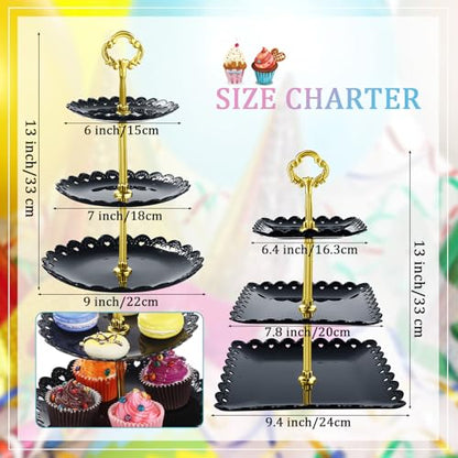 Honeydak 3 Sets of 3 Tier Serving Tray 3 Tiered Dessert Stand Wedding Cupcake Stand PP Plastic Cupcake Holder Dessert Tray Cake Fruit Candy Table Display Set for Birthday(Black) - color: Black