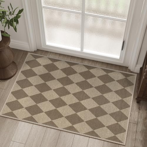 Easy Jute Checkered Entryway Rug, 2x3 Brown Modern Indoor Outdoor Doormat, Washable Non-Slip Neutral Small Kitchen Rug Farmhouse Diamond Throw Rugs for Entrance Bedroom Bathroom - color: Brown Checkered, size: 2' x 3' (Rectangular)