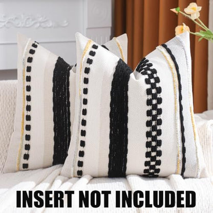 Boho Throw Pillow Covers 18x18 inch Set of 2 Black Cream | Stripe Pillow Covers,Farmhouse Cushion Case,Chenille Pillow Cases,Neutral Pillowcase for Sofa Couch Bed - color: Black Stripe, size: 18" x 18" (Pack of 2)