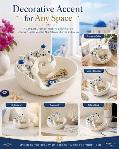 Santorini Catchall Bowl Seashell Key Tray Jewelry Dish Greek Island Decor Blue Dome Miniature Village Trinket Holder Coastal Entryway Table Decor 3D Printed PLA Material (1Pcs)