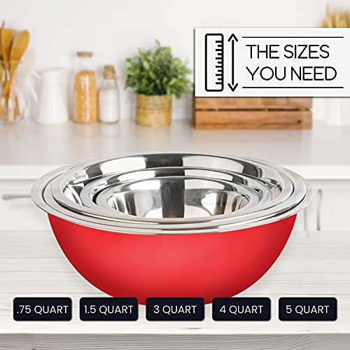 Stainless Steel Mixing Bowls Set, 5-Piece Meal Prep & Food Storage | .75, 1.5, 3, 4 & 5 Quart Metal Mixing Bowls Set for Prep, Serving, Baking & Food Storage, Ecofriendly, Dishwasher Safe, Red - color: Red