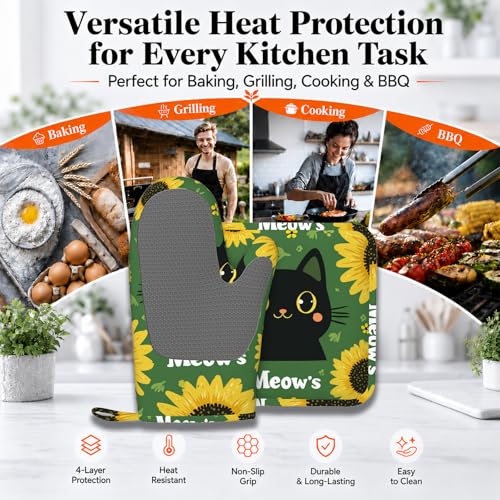 Black Cat Oven Mitts and Pot Holders Sets Cartoon Sunflower Silicone Heat Resistant Kitchen Oven Gloves Pot Holder for Cooking Baking Grilling BBQ - color: Black Cat