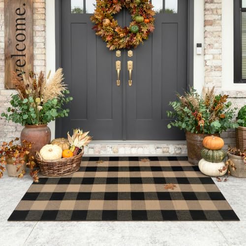 Uphome Bufflo Plaid Outdoor Rug 3'x5', Black Natural Checkered Front Door Mat for Fall Decor, Indoor Outdoor Farmhouse Cotton Porch Rug for Layered Door Mats, Washable Area Rugs for Entryway Kitchen - color: Black Natural, size: 3'x5'