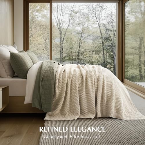 EVERGRACEHOME Chunky Chenille Knit Throw Blanket, 90 x 90, Beige | Sculpted Moss Stitch, Chic Modern Farmhouse, All-Season Warmth, OEKO-TEX® Certified, Oversized Queen for Couch, Bed, Sofa - color: Beige, size: 90" X 90"