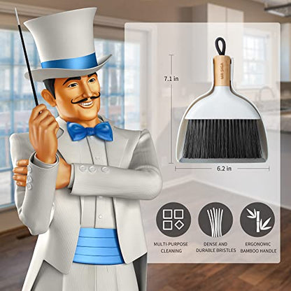 MR.SIGA Mini Dustpan and Brush Set, Bamboo Handle, White, 1 Set | Portable cleaning brush and dustpan combo, handheld brush and dustpan combo with hanging loop - color: White