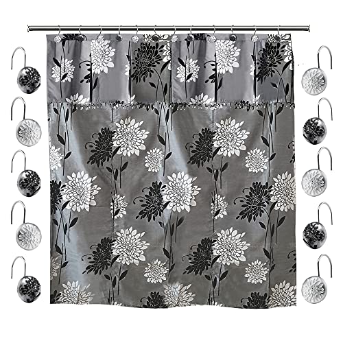 Zahari Home 13pc Erica Bathroom Fabric Shower Curtain Sets Bathroom Shower Curtain & 12 Shower Bathroom Hooks Modern Classic Luxury Contemporary Decor Grey Shower Curtain Stylish Bath Sets - color: Erica, style: Shower Curtain and 12 Shower Hooks