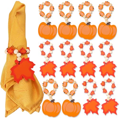 KPOSIYA Fall Thanksgiving Napkin Rings Set of 12, Pumpkin Maple Leaf Napkin Rings for Table Decor, Wooden Napkin Holder Buckle for Holiday, Halloween, Fall Banquet, Home Party, Wedding Supplies - size: 12pcs, style: Pumpkin Maple Leaf 3