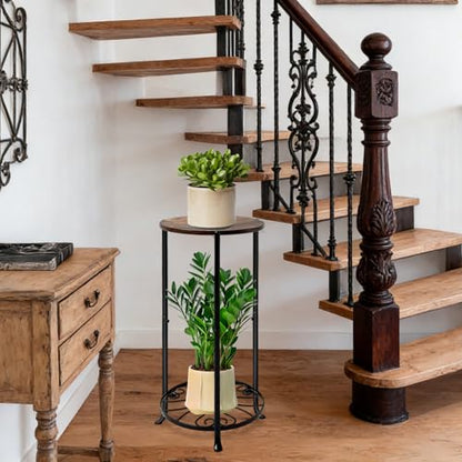 Plant Stand Indoor, 2-Tier Tall Wood & Iron Plant Stand, Heavy Duty Floor Plant Shelf Plant Rack for Patio Living Room Balcony Home Decor