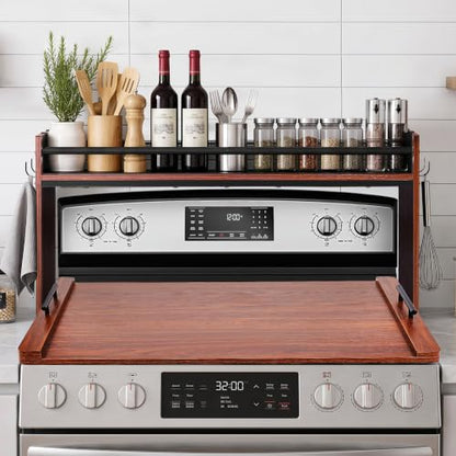 Noodle Board Stove Cover and Over the Stove Spice Rack Combo Set | Expands Countertop Space, Stove Top Cover Used as Serving Tray, Sink Cover, Spice Shelf with 4 Hooks, Farmhouse Decor, Walnut - color: Set - Walnut