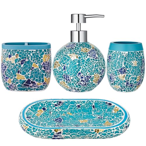 Handmade Blue Mosaic Glass Bathroom Accessory Sets 4PCS Bathroom Accessories Set Complete Includes Lotion Dispenser Toothbrush Holder Tumbler Cup & Vanity Tray - color: Blue, size: Tray