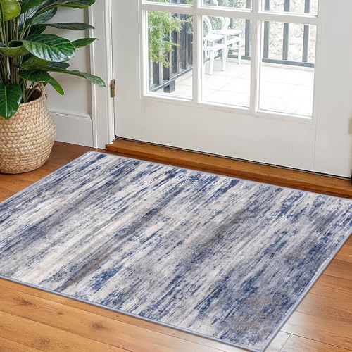 KOZYFLY Abstract Rugs for Entryway 2x3 Washable Small Area Rug Grey-Blue | Non Slip, Low Pile, Non-Shedding, Modern Design, Ultra Soft, Indoor Accent for Entrance Kitchen Bedroom Bedside Office - color: Blue-grey, size: 2' x 3' (Rectangular)