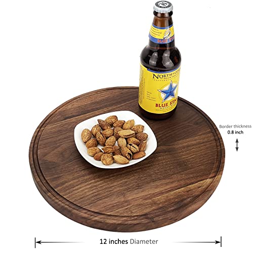 12" Round Walnut Wood Cutting Board for Kitchen | Wooden Chopping Board with Juice Grooves - size: 12"L x 12"W