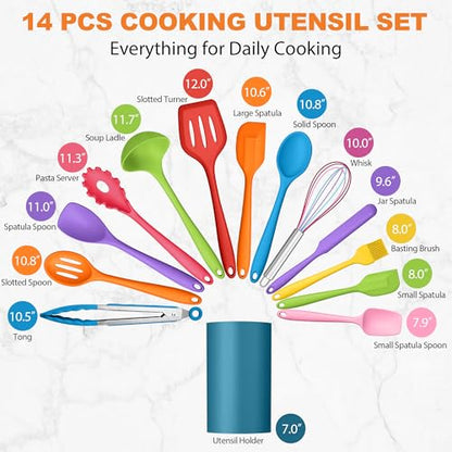 LIANYU 14 Pcs Silicone Kitchen Cooking Utensils Set with Holder, Colorful | 446°F Heat Resistant Silicone Cooking Utensils Spatula Set, Non-Stick & Dishwasher Safe Cooking Tools, Comfort Grip Handle - color: Colorful