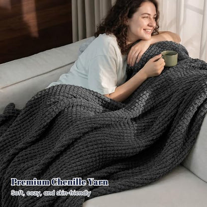 PHF Chenille Waffle Knit Throw Blanket- Plush Warm & Cozy 50" x 60" Ultra Soft Blanket- Chunky Fluffy Waffle Throws for Couch Bed Sofa - Charcoal Grey - color: Charcoal, size: Throw(50"X60")