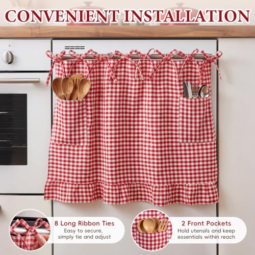 4 Pcs Red Gingham Oven Skirt Curtain Set with Mitts & Hand Towel | 29 x 21 in Farmhouse Rustic Kitchen Stove Cover, Heat-resistant Door Curtain with Ribbon Ties, for Holiday & Everyday Kitchen