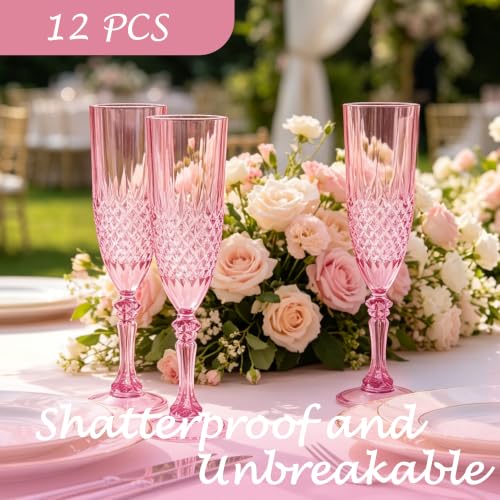12 Pack Plastic Champagne Flutes, Pink Reusable Champagne Glass | Unbreakable Hard Plastic Mimosa Cups Bulk with Stem, Fancy Stemware for Wedding, Party & NYE Celebration - color: Pink