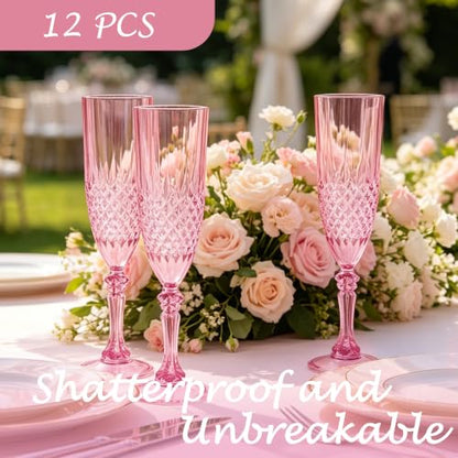 12 Pack Plastic Champagne Flutes, Pink Reusable Champagne Glass | Unbreakable Hard Plastic Mimosa Cups Bulk with Stem, Fancy Stemware for Wedding, Party & NYE Celebration - color: Pink