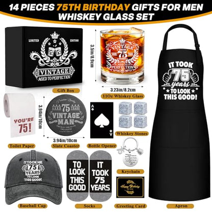 75th Birthday Gifts for Men Whiskey Glass Set, 75th Birthday Party Supplies with 11 Oz Whiskey Glass Coaster Stone Baseball Cap Apron Sock Toilet Paper Keychain for Him, Dad, Husband, Friends - style: 75th Birthday
