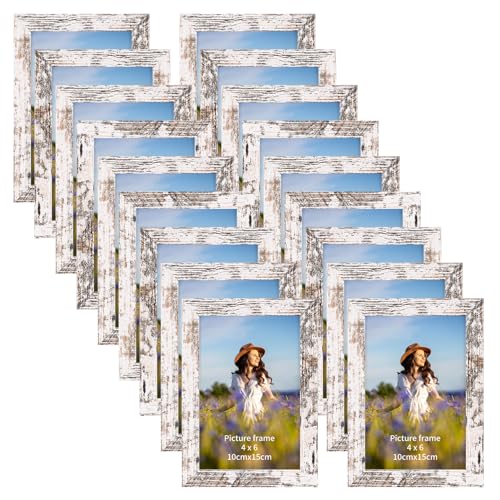 PETAFLOP Wooden Bulk 4x6 Picture Frame Set of 18, White Distressed Photo Frames Fits 4 by 6 for Wall or Tabletop Display - color: Distressed white, size: 4x6
