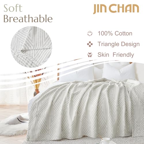 jinchan 100% Cotton Muslin Blanket Twin Boho Throw Blanket 50x60 Soft Gray | 3-Layer, Geometric Triangle Quilt, Cooling Breathable Lightweight, for Adult, Soft, Reversible, Summer, Couch, Sofa, Bedroom - color: B. Triangle Grey, size: 50"x60"