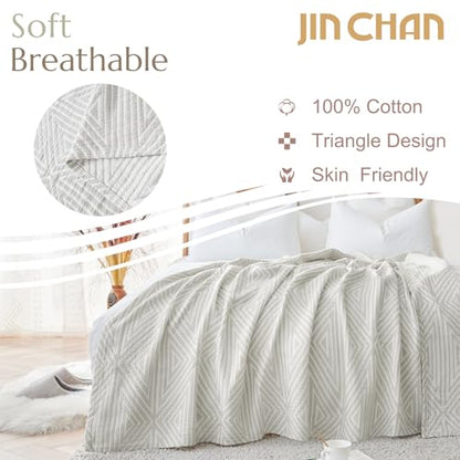 jinchan 100% Cotton Muslin Blanket Twin Boho Throw Blanket 50x60 Soft Gray | 3-Layer, Geometric Triangle Quilt, Cooling Breathable Lightweight, for Adult, Soft, Reversible, Summer, Couch, Sofa, Bedroom - color: B. Triangle Grey, size: 50"x60"