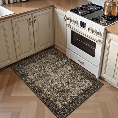 Brown Washable Entryway Rug Indoor: Vintage Floral 2x4 Rug for Kitchen Bathroom Bedroom - Soft Floor Mat Stain-Resistant Machine Washable Thin Low Pile Pet Friendly - color: Brown and Gold, size: 2' x 4' (Rectangular)