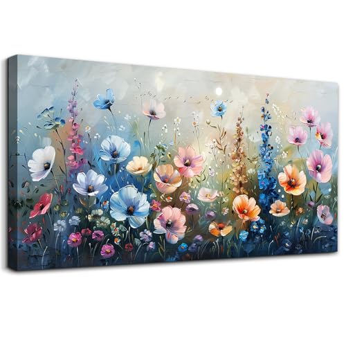 imjiayu Abstract Flower Canvas Wall Art, Colorful Garden Meadow Print | 24x48 In, Living Room Sofa Wall Decor, Botanical Flower, Modern Farmhouse Art, Blue Green Warm Flower Contrast, Easy To Hang - color: Blue Flower Field, size: 48"L x 24"W