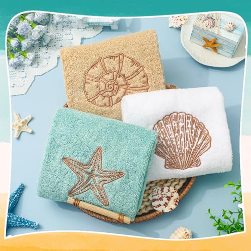JarThenaAMCS 3Pcs Coastal Hand Towels Cotton Embroidered Bathroom Towel Ocean Beach Starfish Seashell Conch Decorative Dish Towel for Summer Holiday Home Bathroom Kitchen Decor