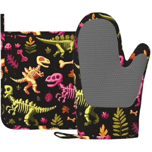 Dinosaur Skeleton Oven Mitts and Pot Holders Sets Non-Slip Silicone Surface for BBQ Gloves,Kitchen,Cooking,Baking,Grilling - color: Dinosaur Skeleton