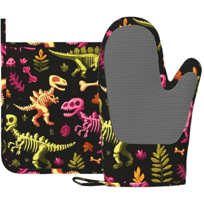 Dinosaur Skeleton Oven Mitts and Pot Holders Sets Non-Slip Silicone Surface for BBQ Gloves,Kitchen,Cooking,Baking,Grilling - color: Dinosaur Skeleton