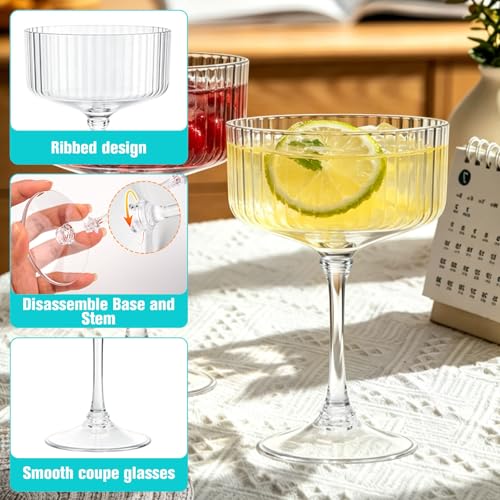 48 Pcs Plastic Martini Glasses Disposable,10oz Ribbed Martini Glasses | Unbreakable, Vintage Coupe Cocktail Glasses Set with Detachable Stem for Wedding Birthday Party Bar Supplies, Clear