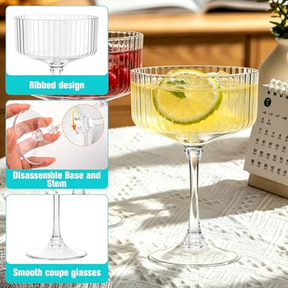 48 Pcs Plastic Martini Glasses Disposable,10oz Ribbed Martini Glasses | Unbreakable, Vintage Coupe Cocktail Glasses Set with Detachable Stem for Wedding Birthday Party Bar Supplies, Clear