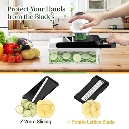 12-in-1 Vegetable Chopper 7 Blades, Veggie Cutter with Handle, Black/White | Stainless Steel Blades, Food Container and Lid, Dicer, Slicer, Julienne, Egg Separator, Non-slip Base, Include Cleaning Tools - color: Black, size: 7 blades