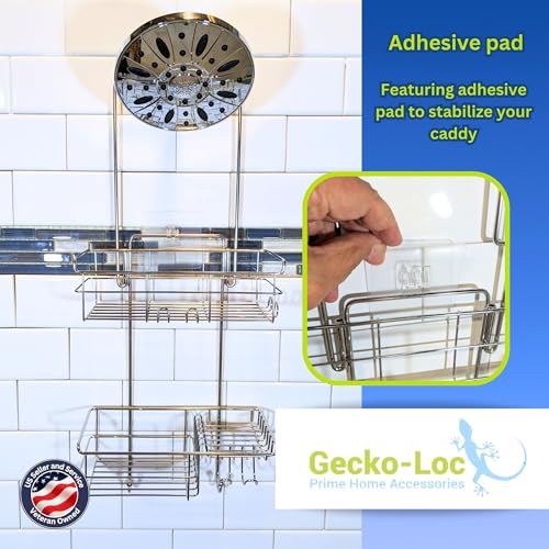 Gecko-Loc Extra-Long Adjustable Over-the-Showerhead Shower Caddy – Rustproof Stainless Steel Organizer with Suction Stabilizer, Deep Basket & Hooks – No-Drill, Tool-Free Installation (Silver) - color: Chrome