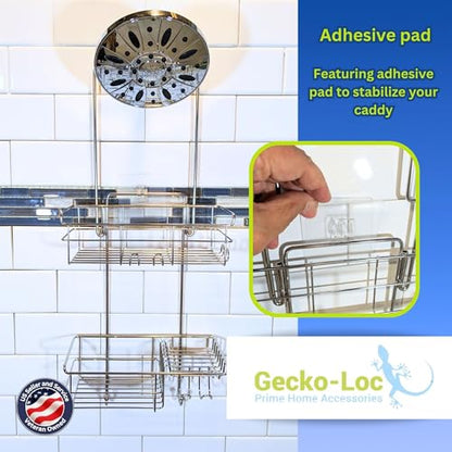 Gecko-Loc Extra-Long Adjustable Over-the-Showerhead Shower Caddy – Rustproof Stainless Steel Organizer with Suction Stabilizer, Deep Basket & Hooks – No-Drill, Tool-Free Installation (Silver) - color: Chrome