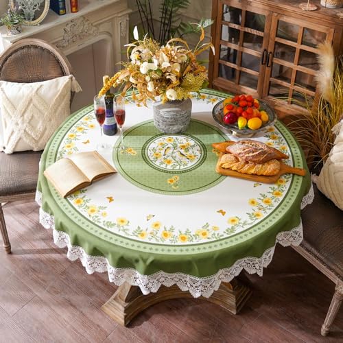 SUTAVIA Tablecloth 60" Round Embroidery Lace Yellow Floral Green Print | Farmhouse Summer Table Cloth Country Sunflower Bird Leaves Table Cover for Home Dining Table Holiday Garden Picnic - color: Green, size: 60" (Round)