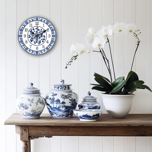 CHGCRAFT 12inch Blue and White Porcelain Pattern Wall Clock Battery Operated Silent Non Ticking Flowers Round Decorative Clock for Office Home Kitchen Decor
