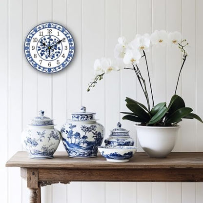 CHGCRAFT 12inch Blue and White Porcelain Pattern Wall Clock Battery Operated Silent Non Ticking Flowers Round Decorative Clock for Office Home Kitchen Decor