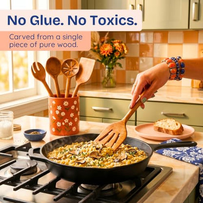 Non-Toxic Acacia Wooden Utensils Set, 6-Piece, Glue and Mineral Oil Free | One-piece solid wood. No hidden adhesives. Petroleum free. Finished with beeswax, flaxseed & lemon oil. Longer handles.