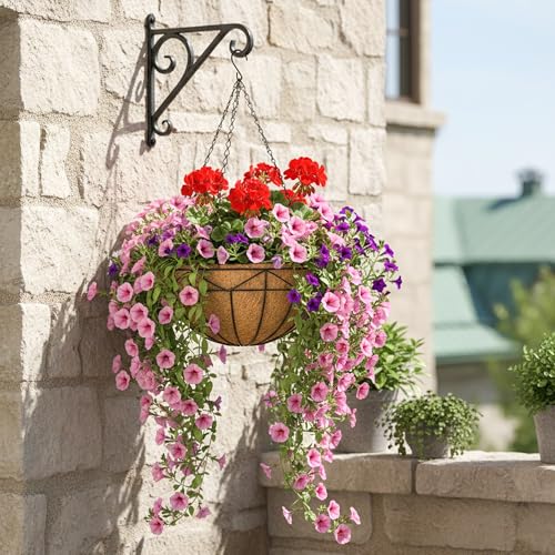 EIMQUVW 14 Inch Coconut Fiber Hanging Planter 4 Packs Durable Metal Hanging Baskets with Chains Outdoor Wire Pot for Spring and Summer Front Porch Garden Decoration - size: 14 Inch, style: Geometric