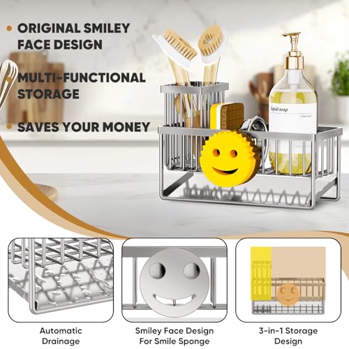 Sponge Holder for Kitchen Sink,Smiley Face Sink Caddy with Removable Brush Holder,Self-Draining Sponge Caddy for Soap,Dish Brush,Scrubber,Kitchen Essentials and Gadgets-Silver - color: 1 Tier Silver
