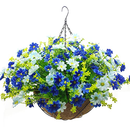 Artificial Faux Hanging Plants Flowers Basket for Summer Autumn Outdoor Outside Porch Decoration, Fake Silk Colorful Daisy Eucalyptus UV Resistant Look Real for Home Patio Balcony Yard - color: Blue