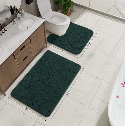 Bathroom Rug Sets 2 Piece, 20"x20" U-Shaped & 21"×34", Hunter Green | Toilet Mat Non Slip Bath Mats Floor Set, Washable Bath Rug Set, Absorbent Soft Bathroom Rug - color: Hunter Green