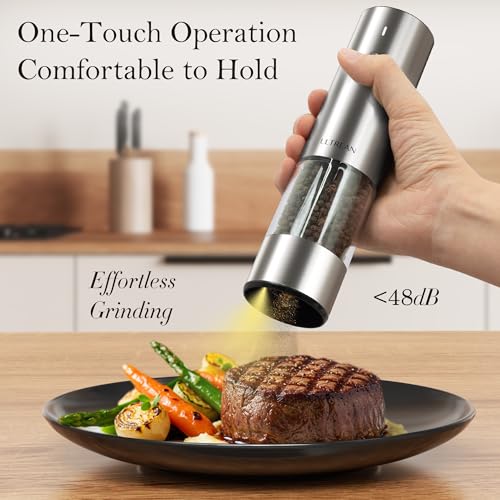 Ultrean Salt and Pepper Grinder Set, Rechargeable Salt and Pepper Shakers, 6 Adjustable Coarseness, LED Light, Kitchen Gadget Cooking Gifts Valentines Day Gifts for Him Her Mom Dad, Stainless Steel - color: Classic Silver