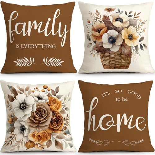 Brown Floral Home Pillow Covers Set of 4, 18x18 Family Decor | Faux Linen Brown Floral Pillow Covers with Family Is Everything Add Warm Farmhouse Charm to Sofa Bedroom Porch - color: Home Sweet Brown, size: 18" x 18" (Pack of 4)