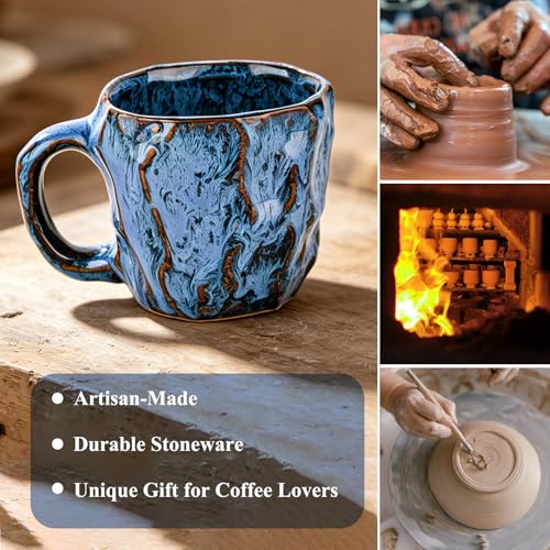 DorkTees 9oz Handmade Reactive Glaze Stoneware Coffee Mug (White) | Handmade reactive glaze stoneware，rustic textured high-fired ceramic. ideal gift choice for coffee lovers daily use - color: White