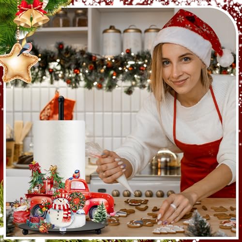Christmas Paper Towel Holder Red Truck Countertop Kitchen Decor and Accessories Black Metal Farmhouse Large Tissue Stand Gifts for Christmas Party, 3D Hand Painting Pattern, Weighted Base - style: Christmas Truck